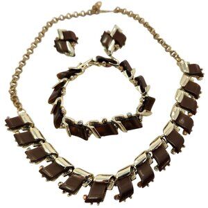Vintage 1950s Root Beer Brown Rhinestone Necklace Bracelet Earrings Set